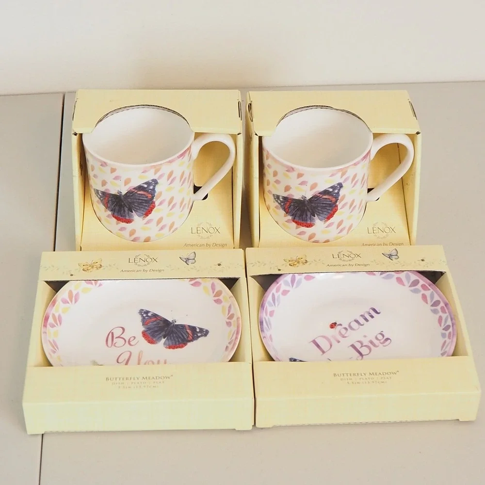 Lenox NIB Butterfly Meadow You Are Awesome Mugs Set‎ of 2 with Saucer Dish